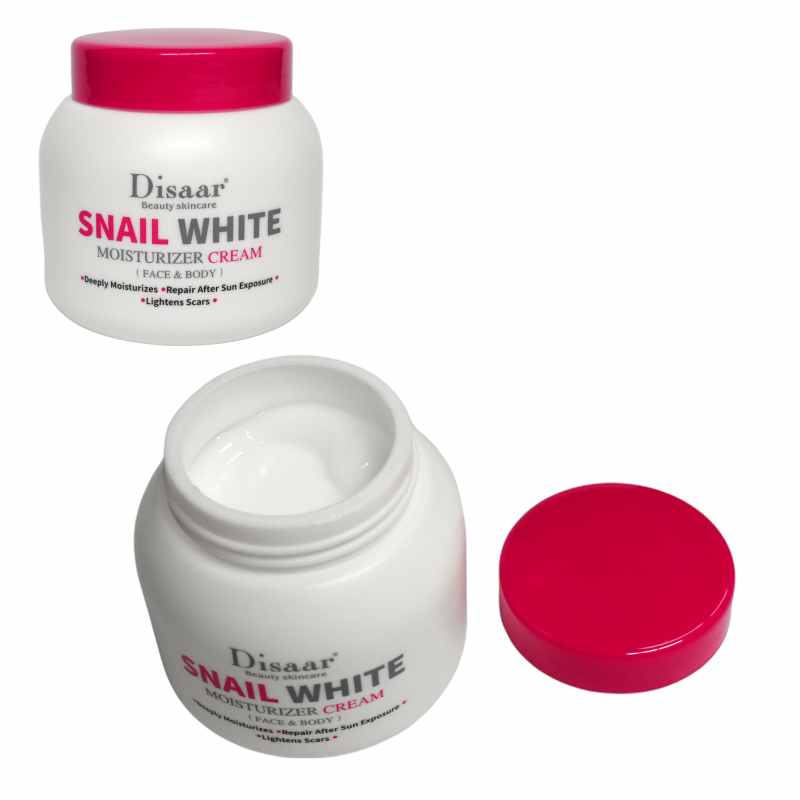 Crema hidratante Disaar snail white frasco blanco con tapa fucsia