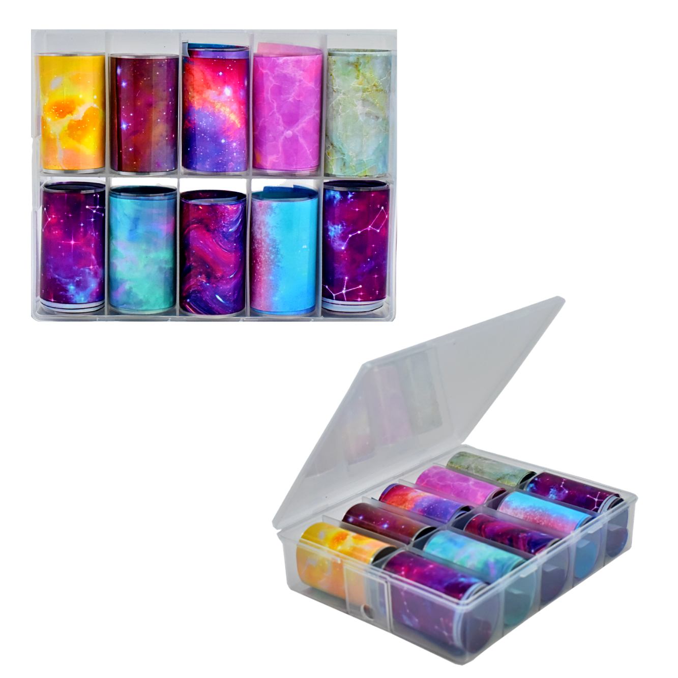 Caja de papel foil para uñas en diseños de constelaciones espaciales