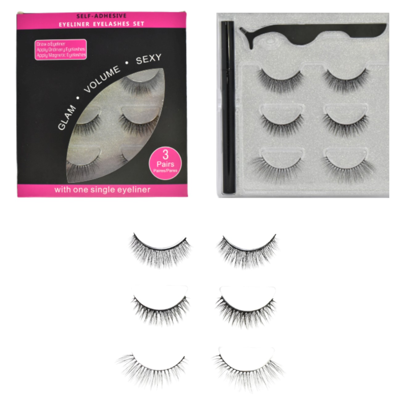 Pestañas self-adhesive caja negra con fucsia de 3 pares