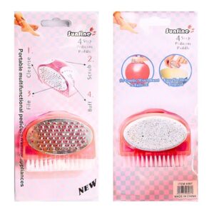 Cepillo portatil para pedicura 4 en 1 SUNFINE empaque rosado y gris a cuadros
